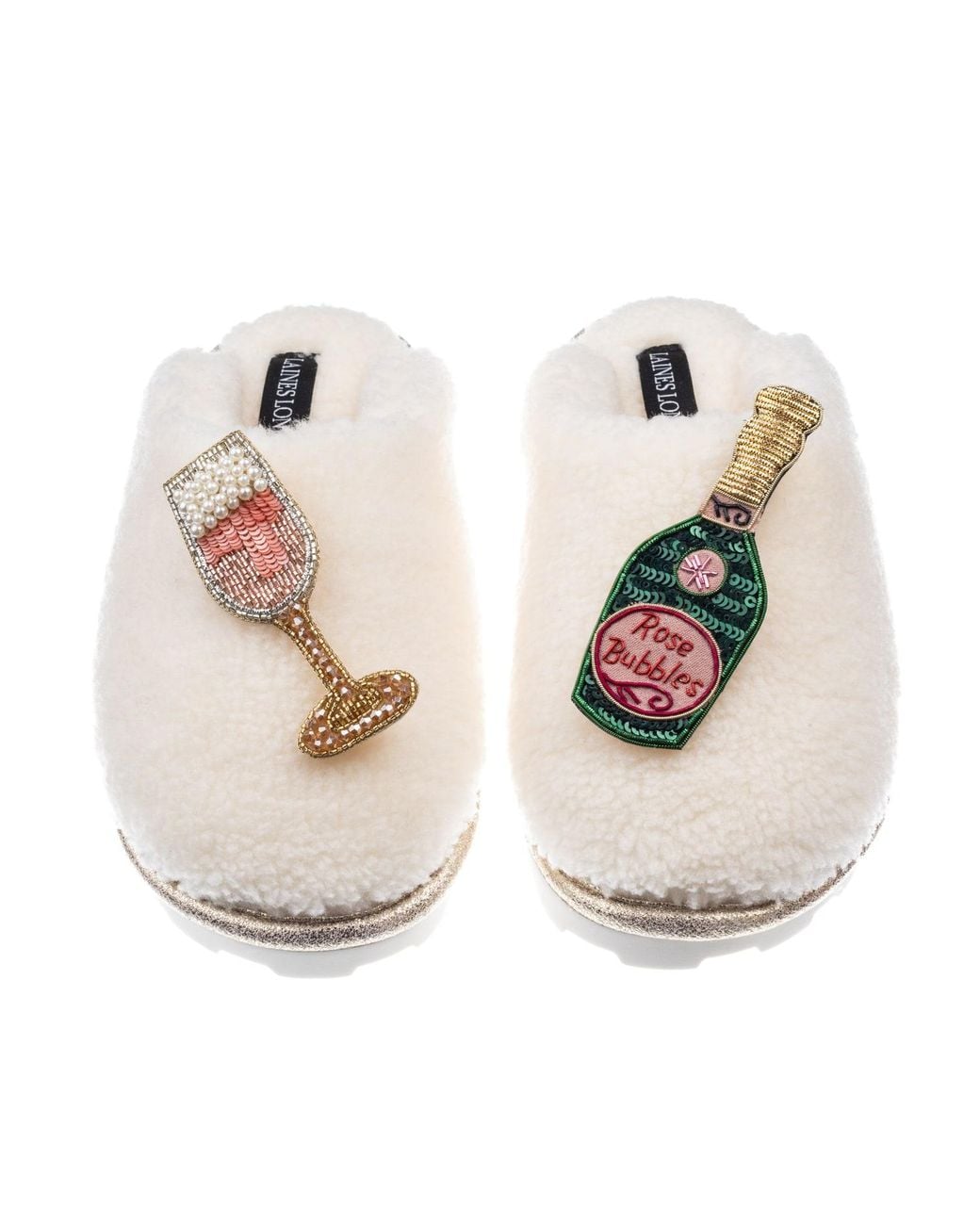 Laines London White Teddy Closed Toe Slippers With Champagne & Glass Brooches