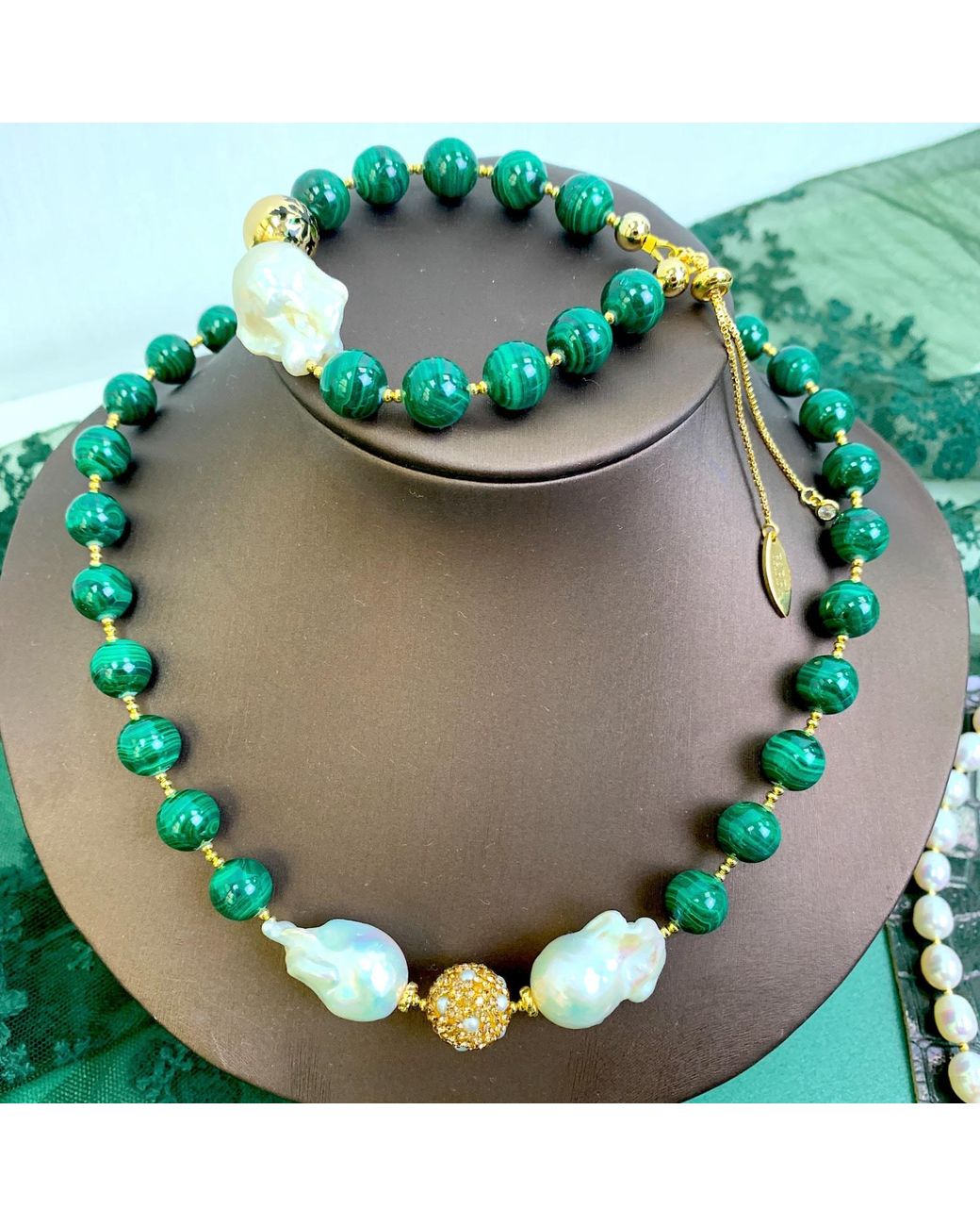 Farra Green Malachite Stones With Baroques Pearls Sophisticated Necklace
