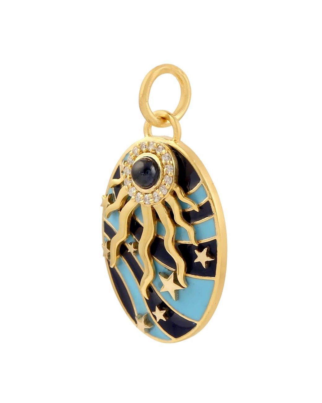 Artisan Metallic Natural Blue Sapphire Handmade Pendant 14k Yellow Gold Diamond