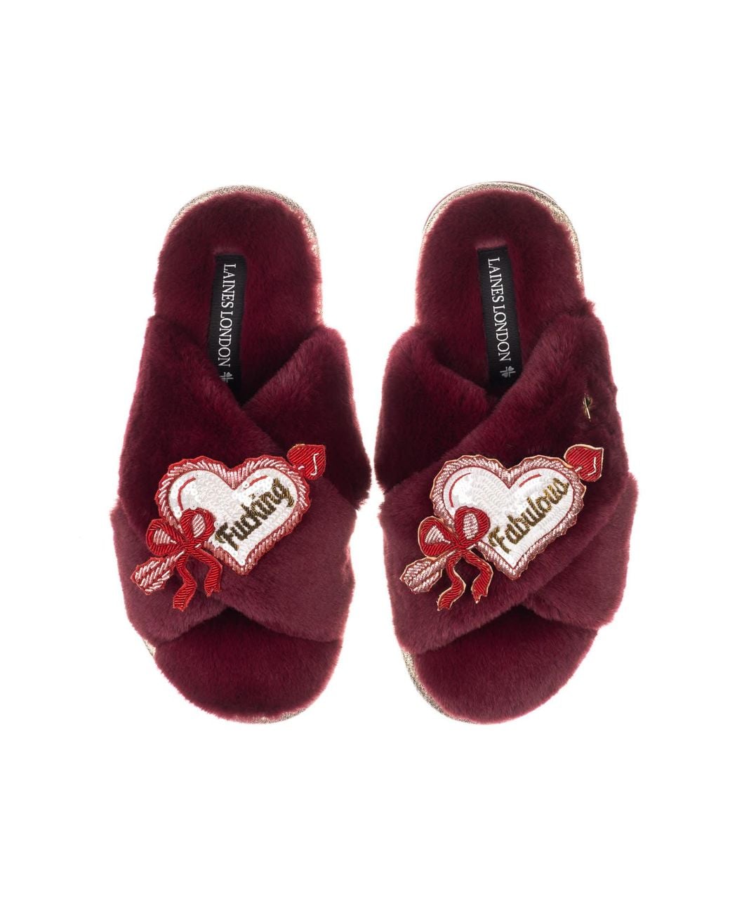 Laines London Red Classic Laines Slippers With Fucking Fabulous Hearts Brooches