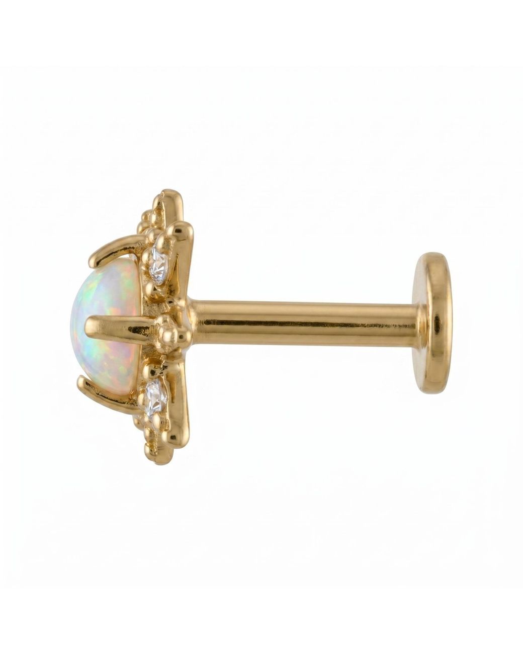 Zahav Jewelry Metallic 14K Solid 18G 8Mm Star Opal & Round Cz Internally Threaded Flat Back Stud