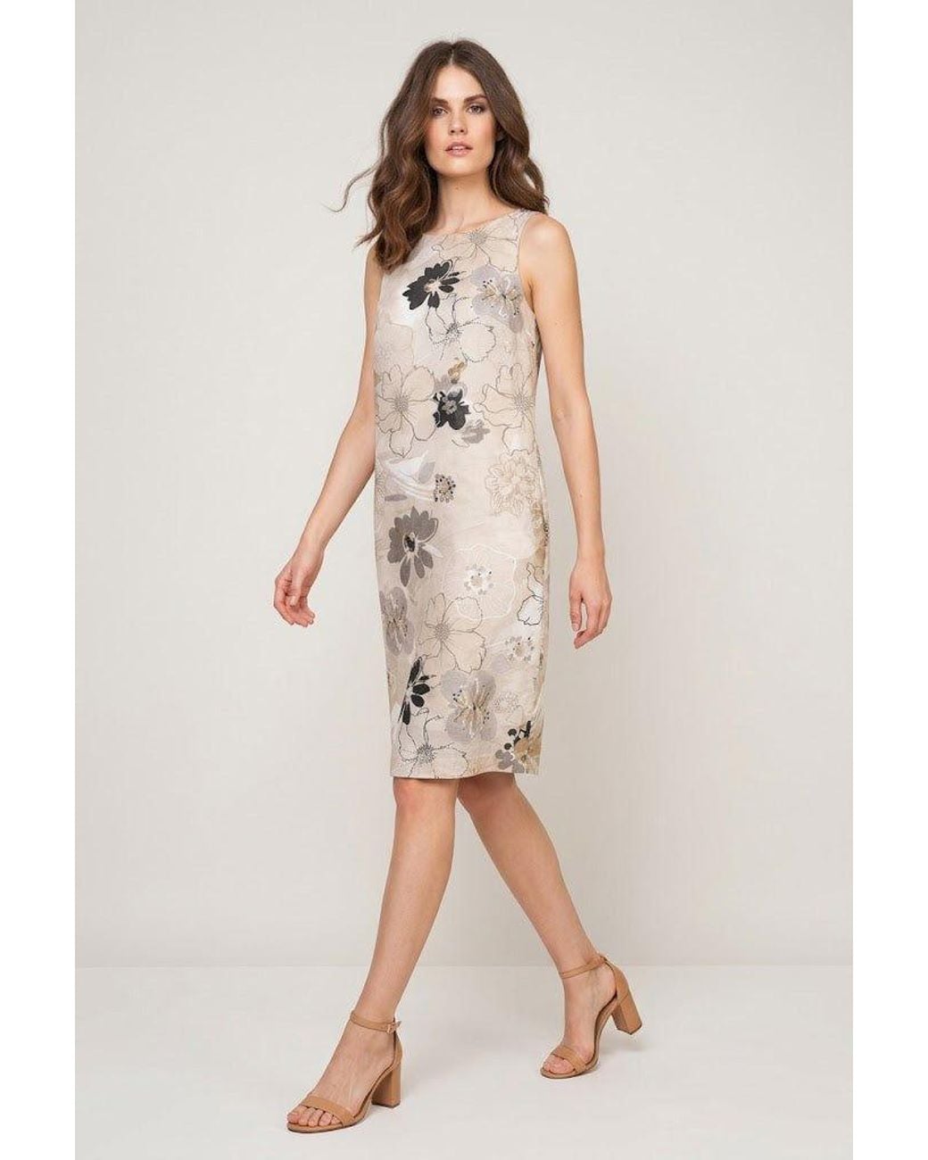 Conquista White Neutrals Floral Print Cotton Poplin Dress With Hidden Side Zipper