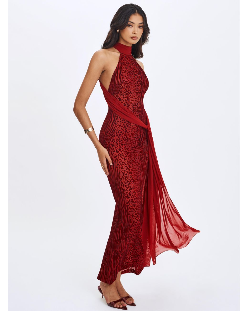 Miss Circle New York Red Cerise Scarlet Burnout Velvet Multiwear Mesh Ribbon Maxi Dress