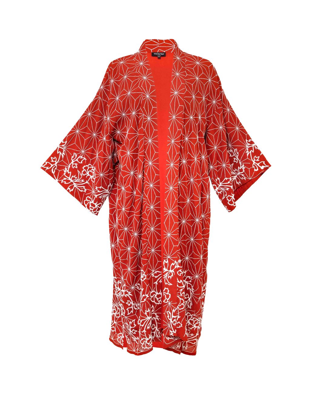 Artemis Muse Asanoha & Peony Embroidered Terracotta Fully Lined Long Kimono