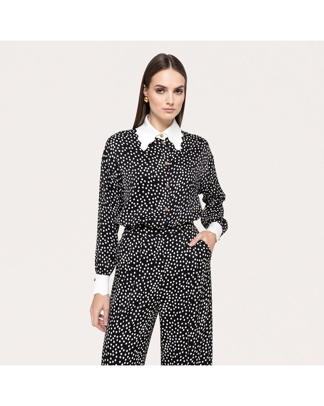 Nissa Black Printed Polka-Dots Viscose Shirt