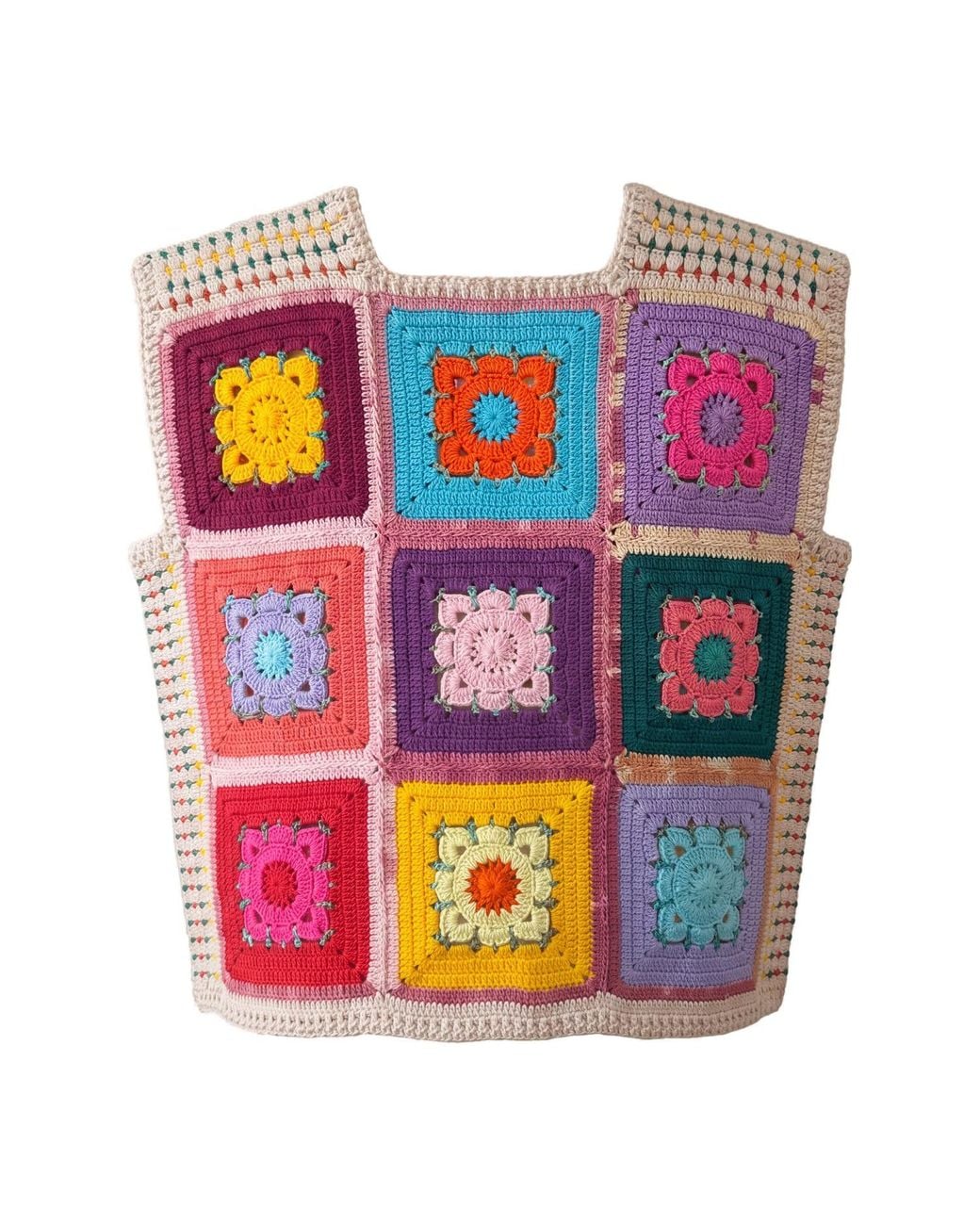 Ana Chic Multicolor Bright Bloom Granny Square Handmade Crochet Waistcoat