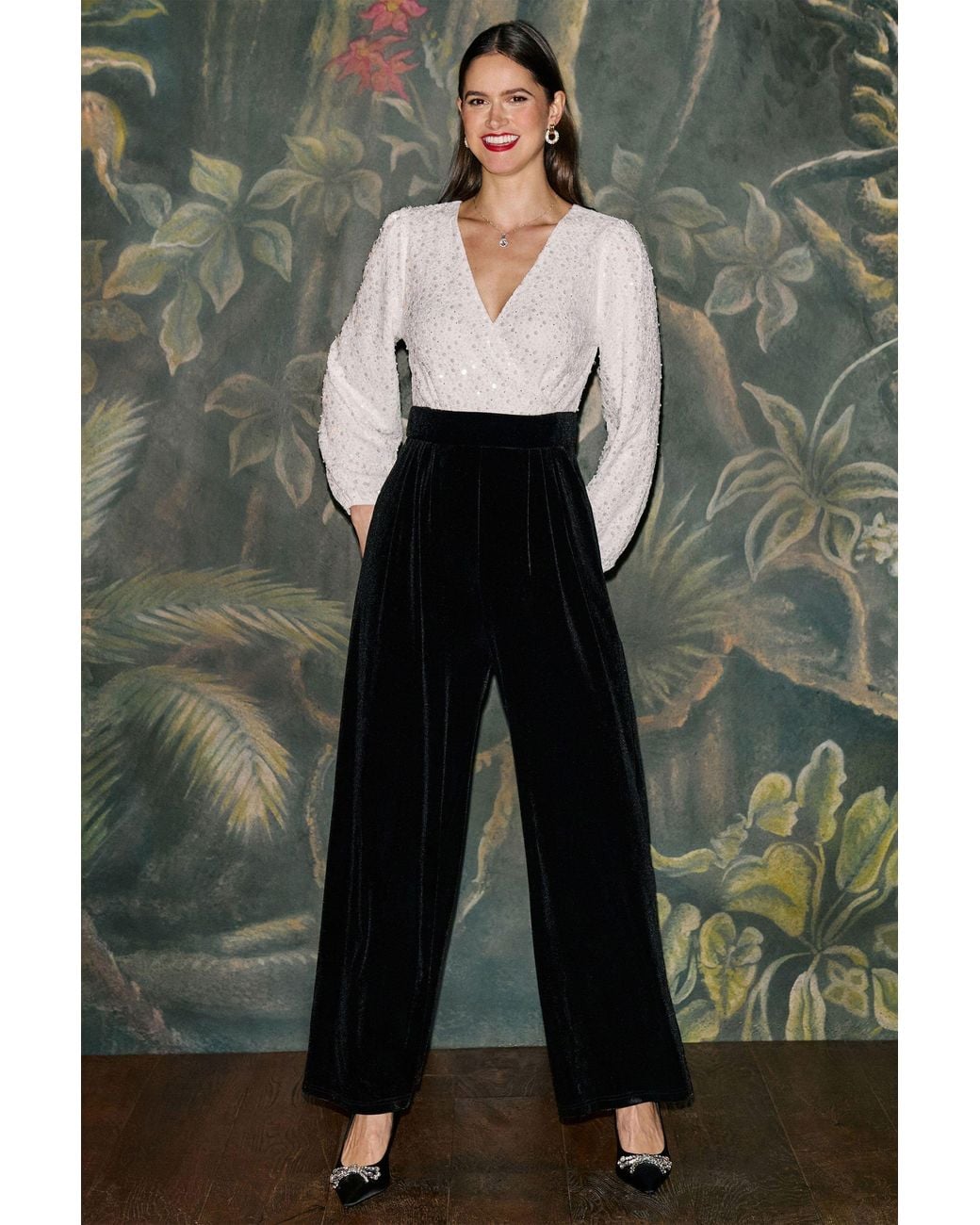 Yumi' Black Ivory Embellished Pearl Sequin Velvet Jumpsuit