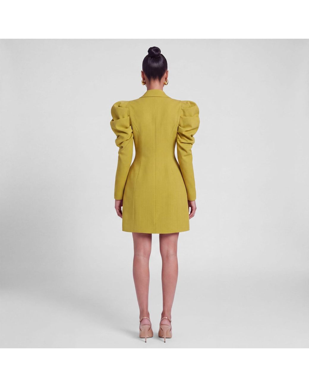 Femponiq Yellow Draped Sleeved Tailored Blazer Dress