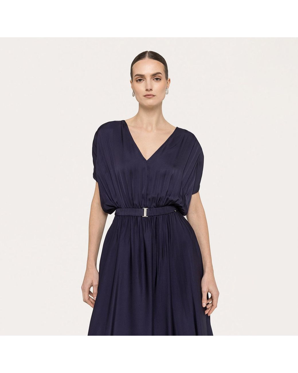 Nissa Blue Belted Viscose Midi Dress