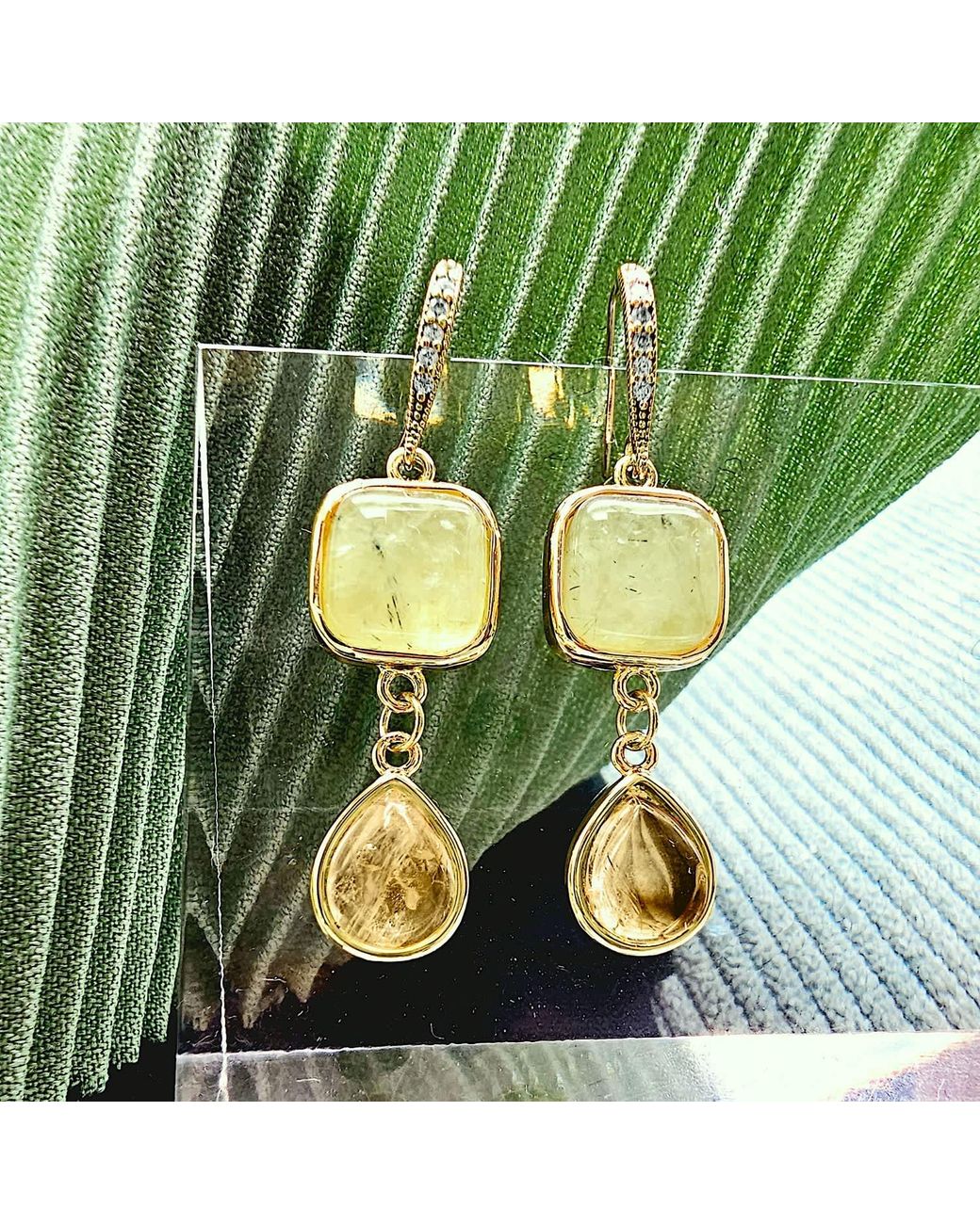 Farra Metallic Prehnite With Teardrop Cotrine Dangle Earrings