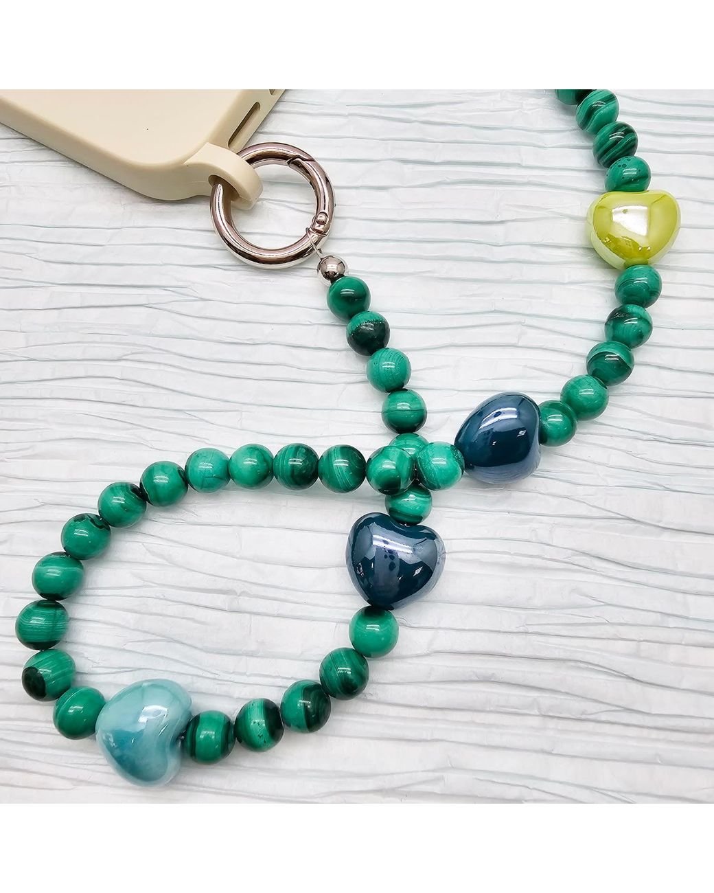 Farra Green Malachite With And Ceramic Hearts Phone Charm