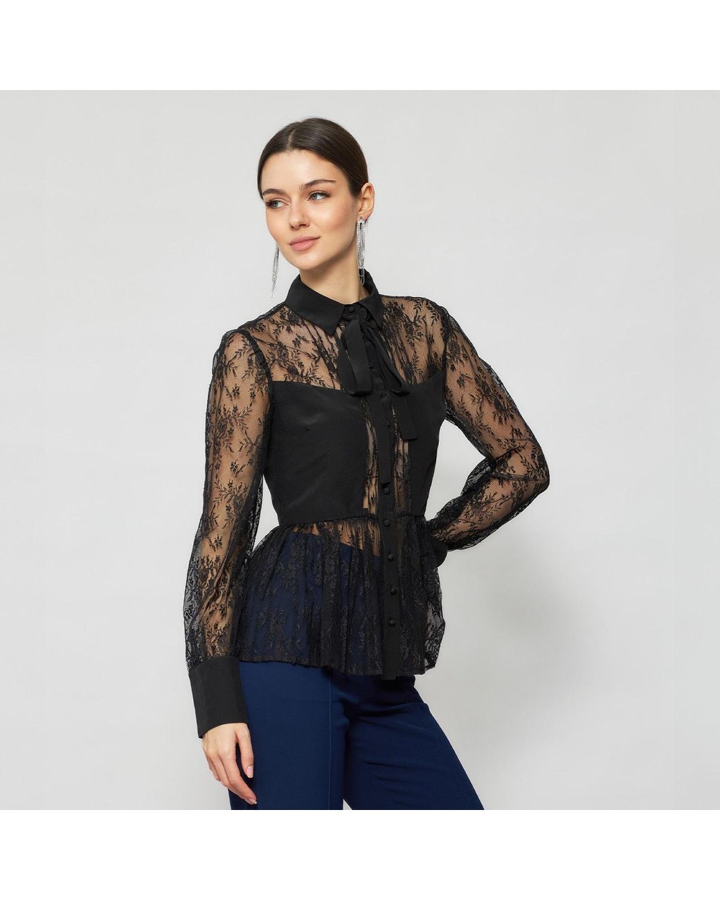Solgo Atelier Black Laelia Pleated Lace Silk Blouse