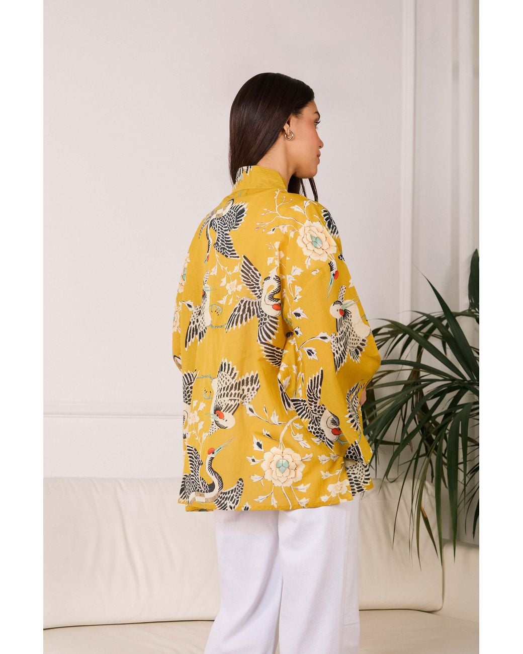 Artemis Muse Yellow Mustard Dynastic Bird Print Light Weight Kimono