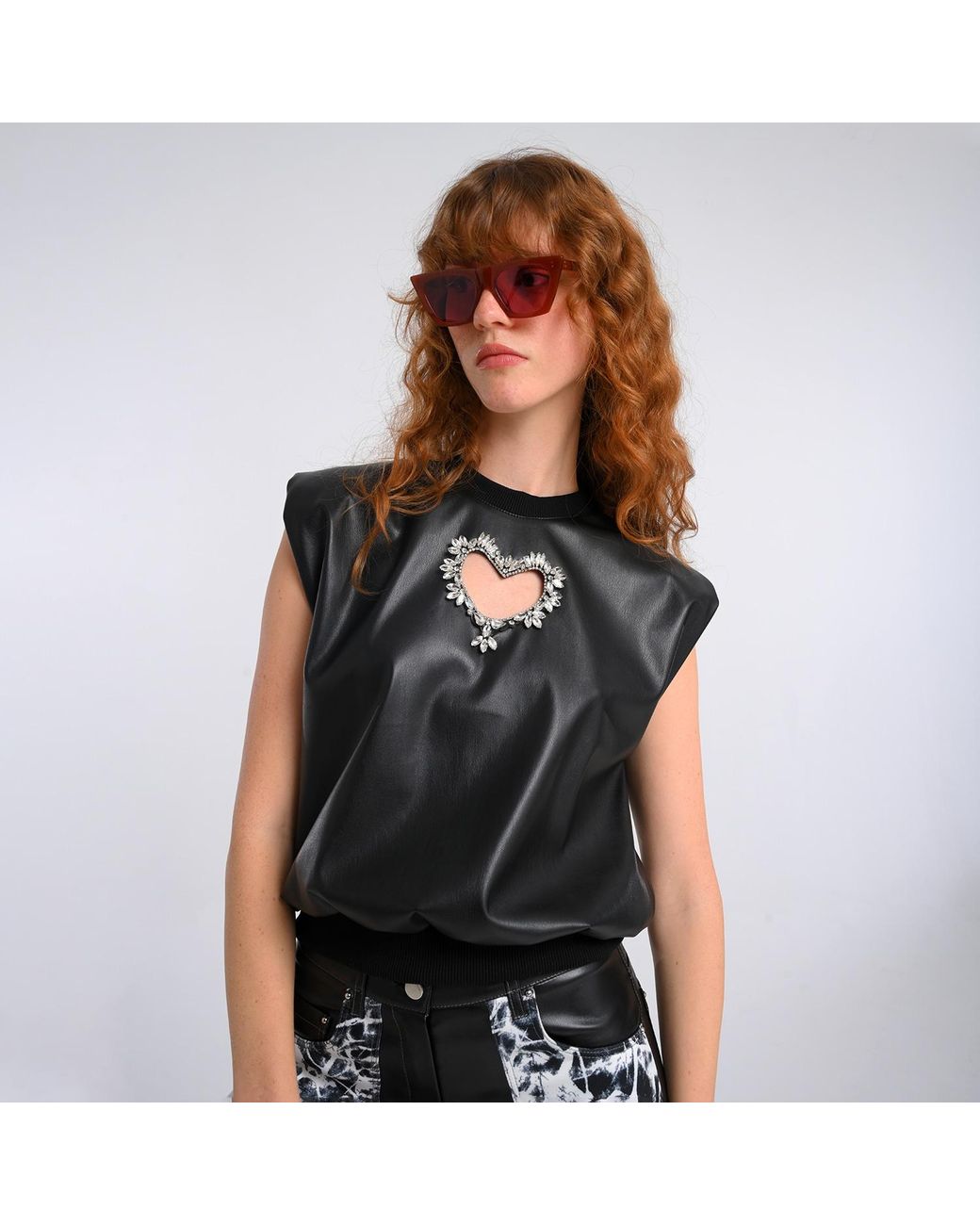 Lalipop Design Black Vegan Leather Blouse With Faux Crystal Embellished Laser Cut-Out Heart