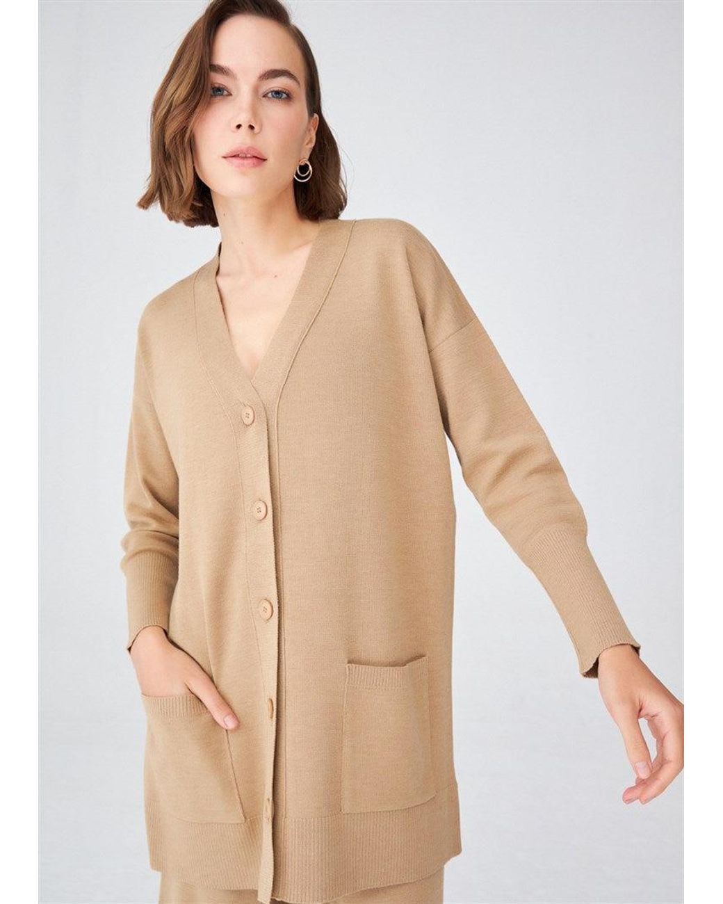 Peraluna Brown Nicola V-Neck Long Knit Cardigan