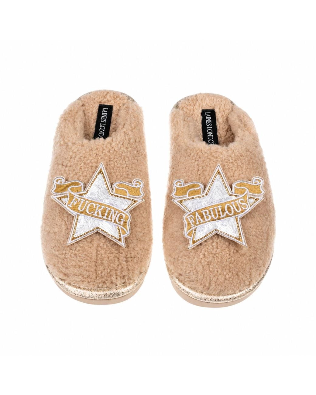 Laines London Natural Neutrals Teddy Closed Toe Slippers With & Fucking Fabulous Brooches