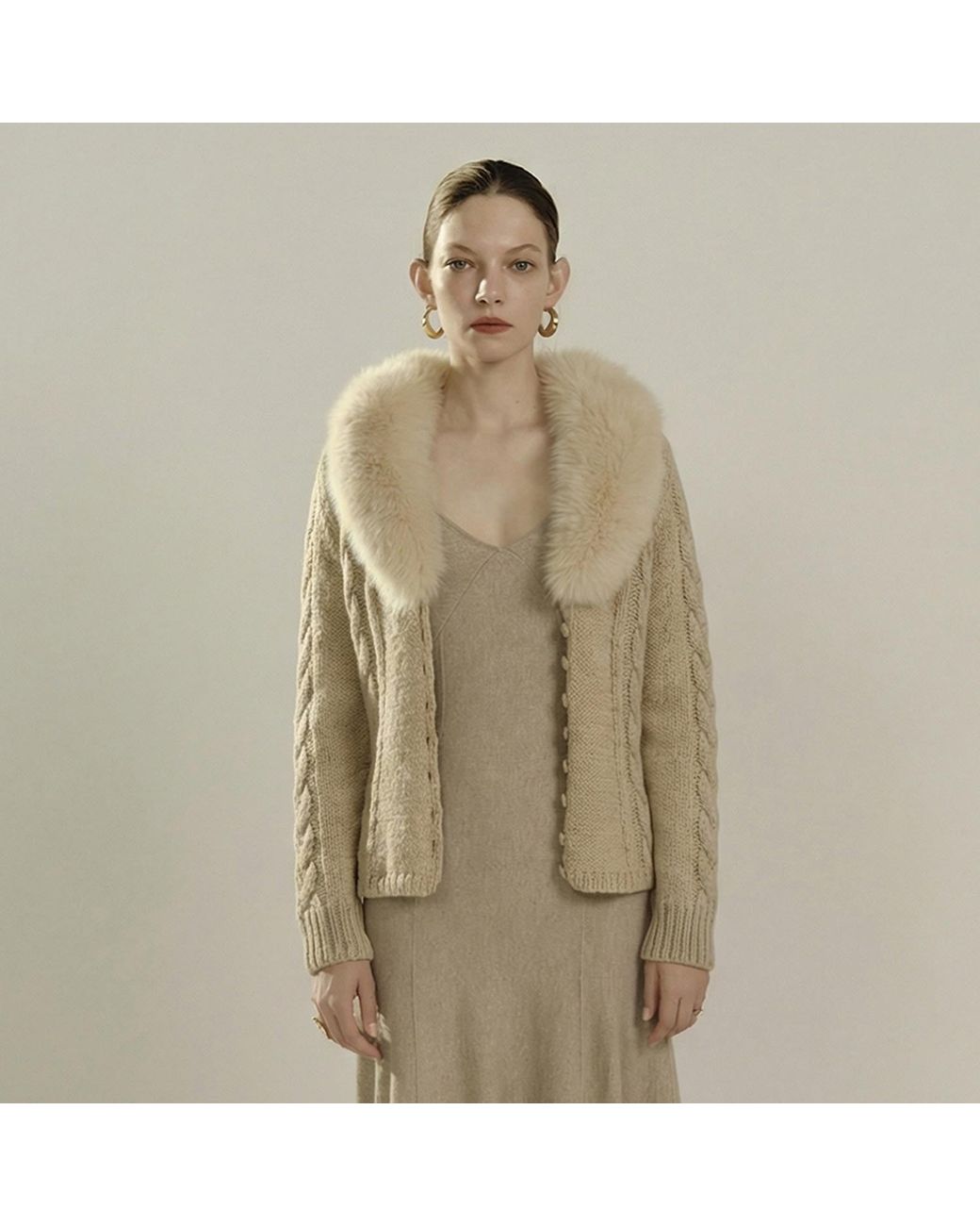 Belsize25 Natural Neutrals Cashmere-Blend Faux Fur Collar Cable-Knit Cardigan