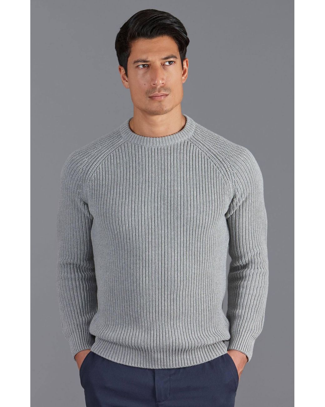 Paul James Knitwear Gray Heavyweight Cotton Clark Fisherman Rib Knit Jumper for men