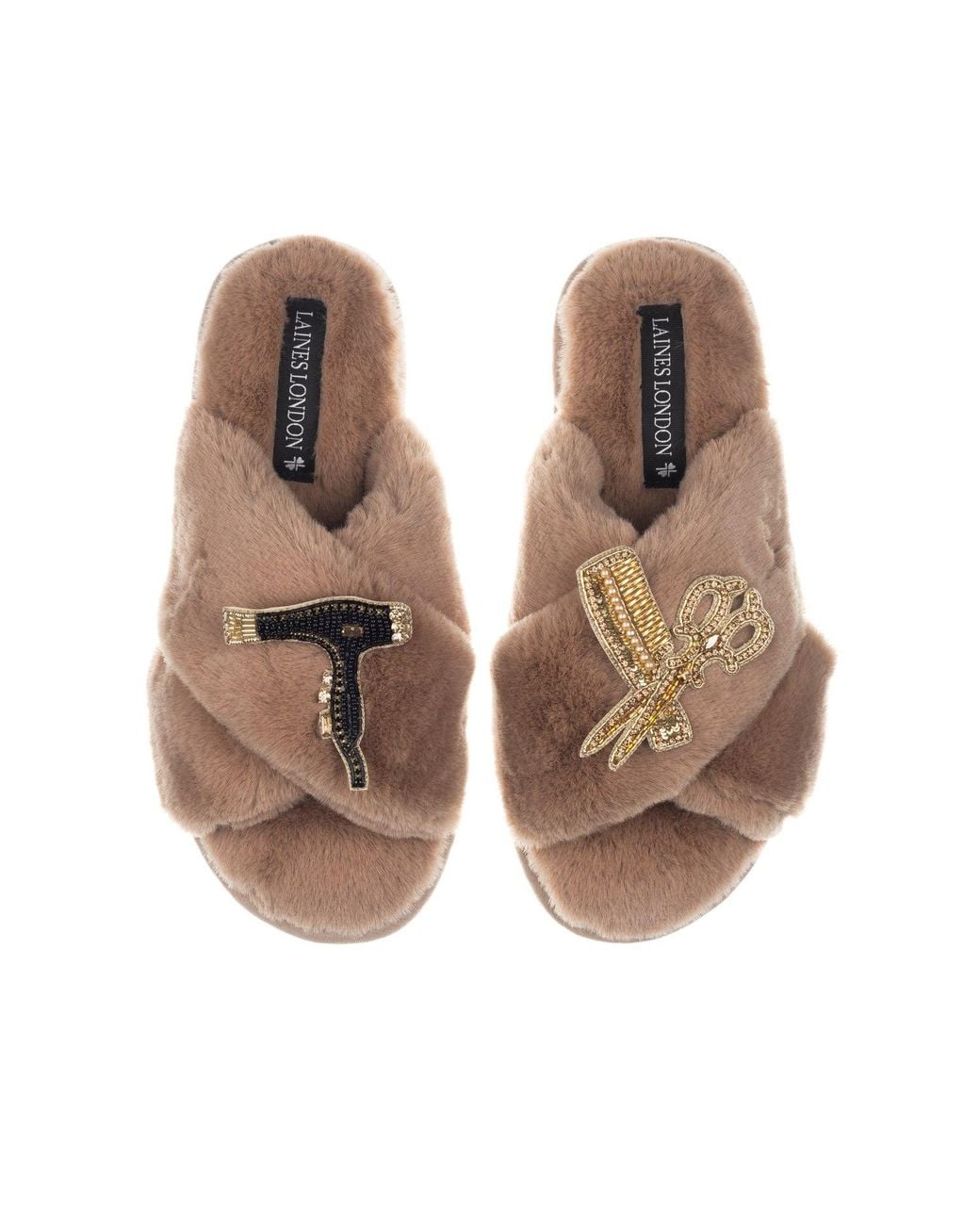 Laines London Brown Neutrals Classic Laines Slippers With Hairdresser Brooches
