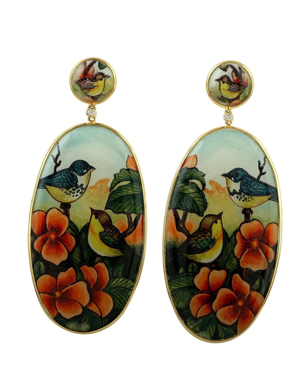 Artisan Green Bakelite & Enamel Bird Motif Drop Earrings With Diamond