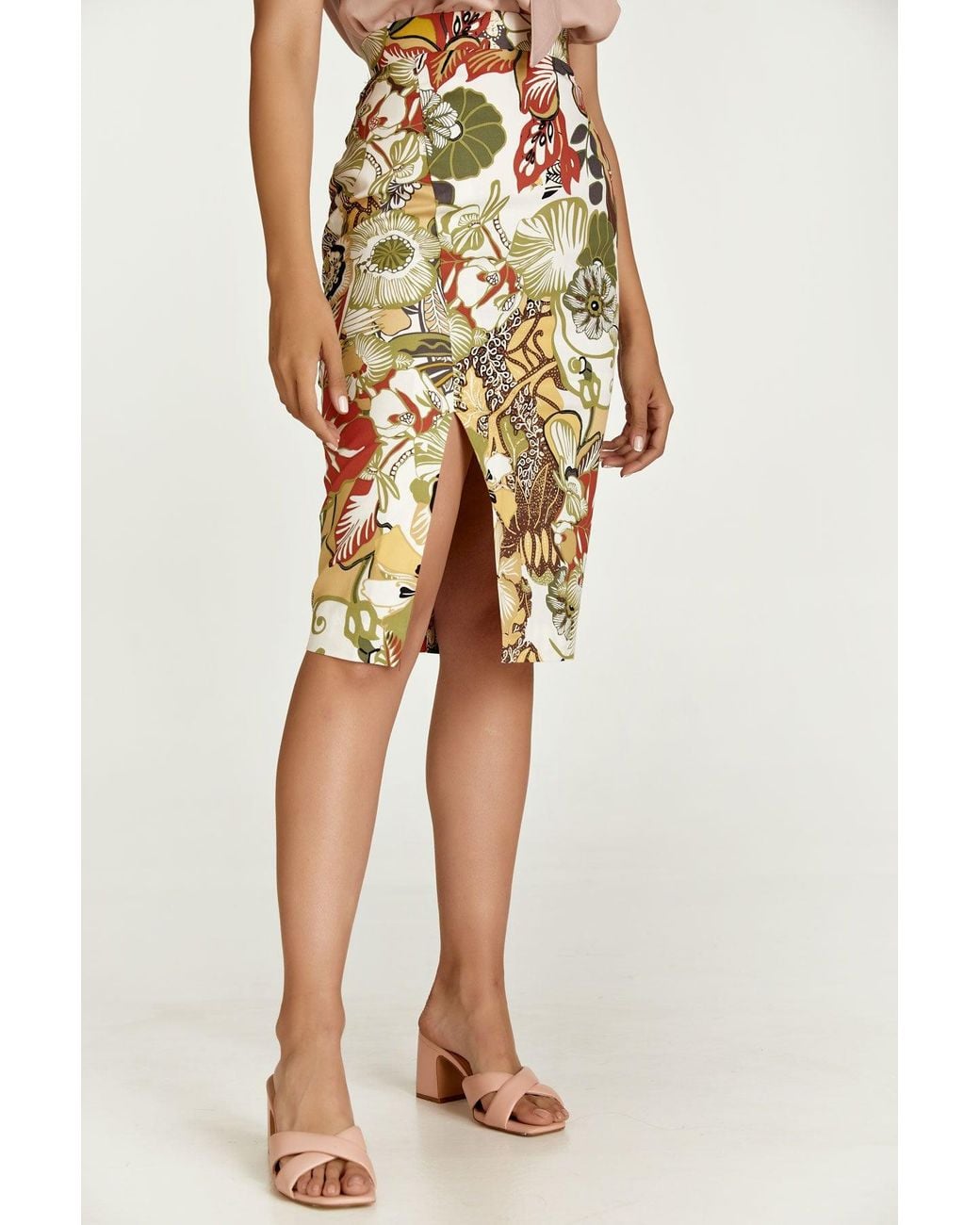 Conquista Metallic Floral Cotton Pencil Skirt