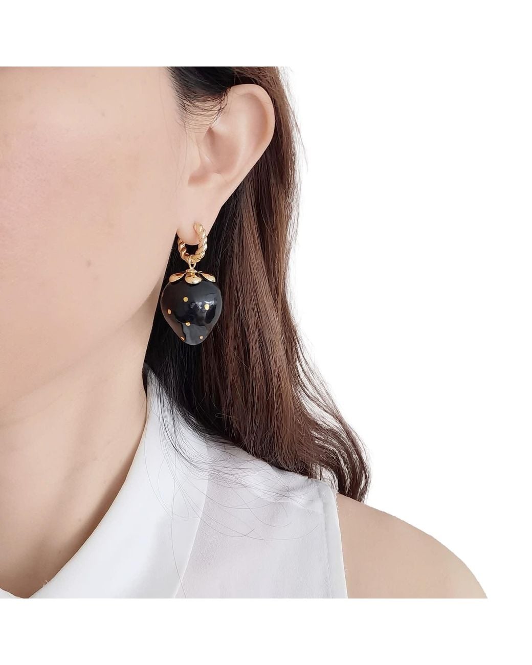 POPORCELAIN Golden Black Porcelain Strawberry Earrings