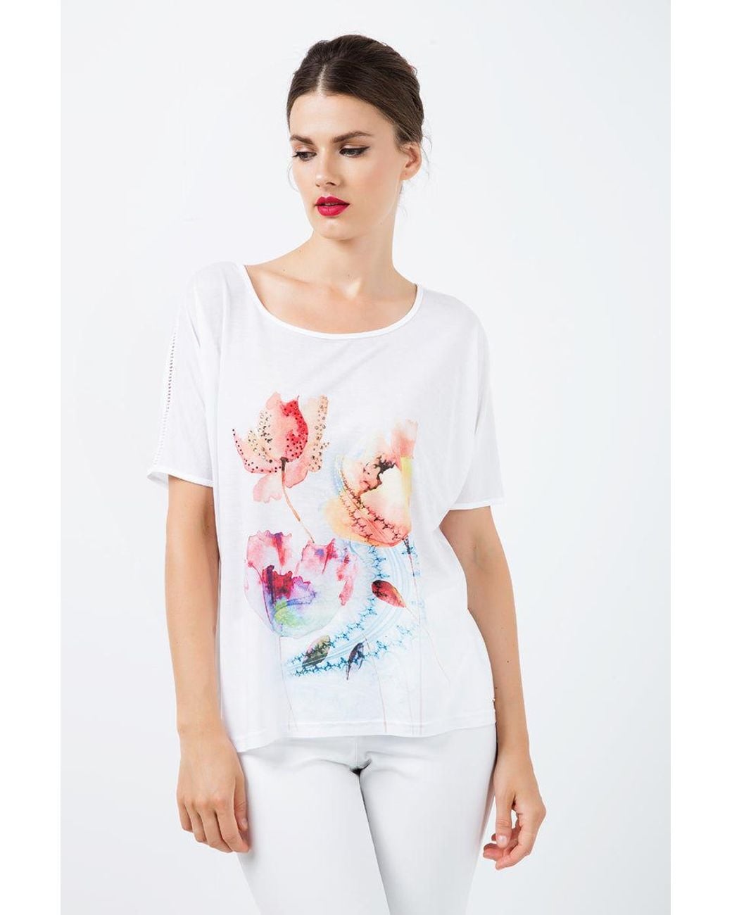Conquista White Neutrals Jersey Top With Multicoloured Print