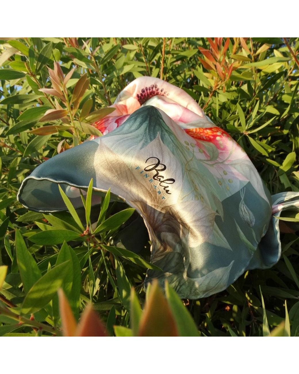 Ralufineart Green Silk Scarf Peonies Serenade
