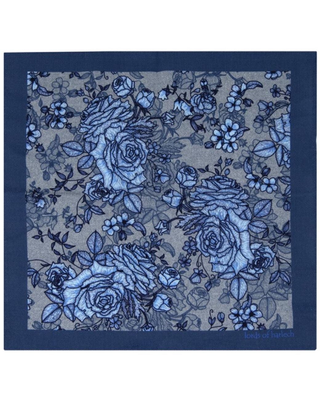 Lords of Harlech Blue Reversible Wool Silk Floral Pocket Square for men
