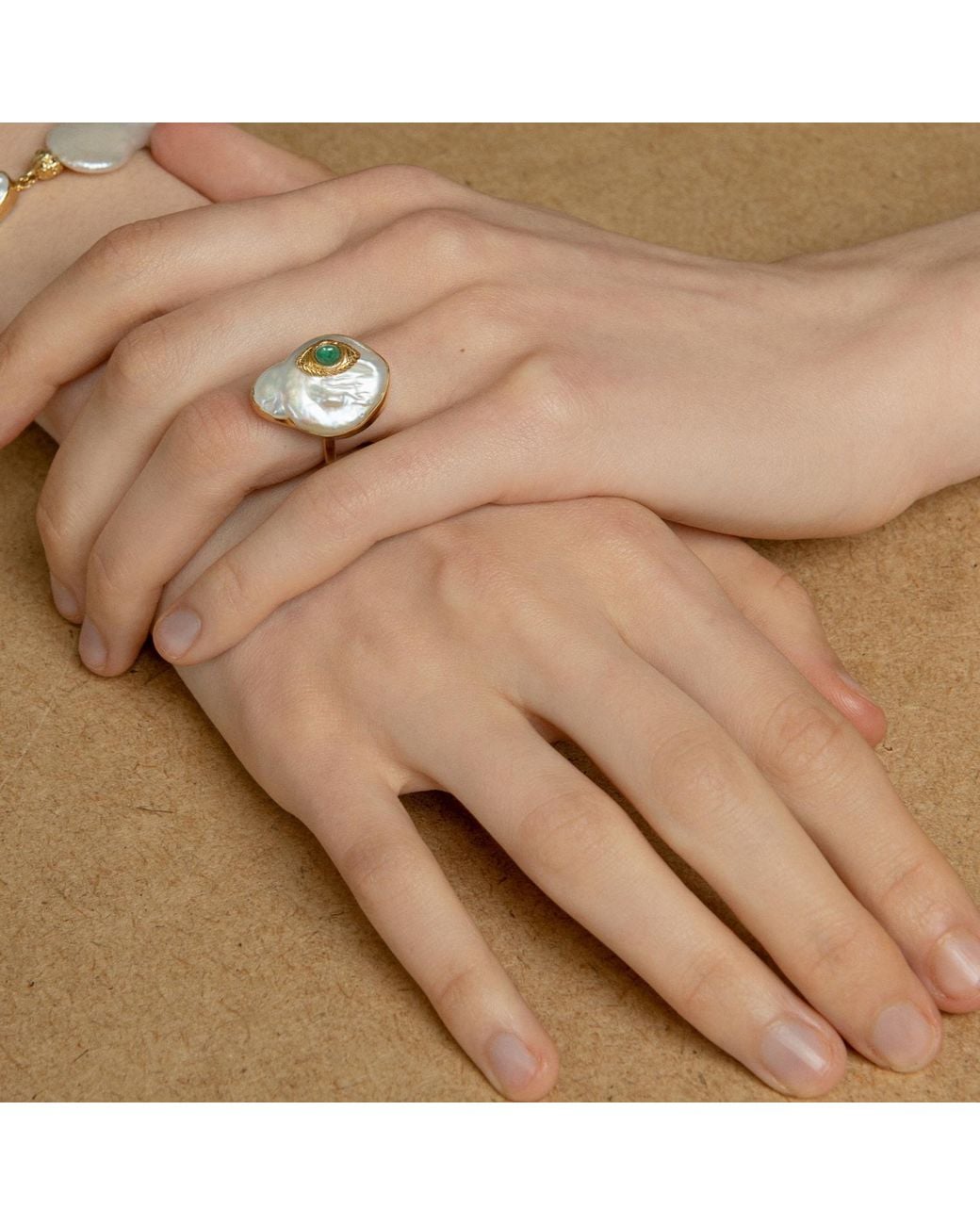 Vintouch Italy Green The Eye-Plated Emerald & Pearl Ring