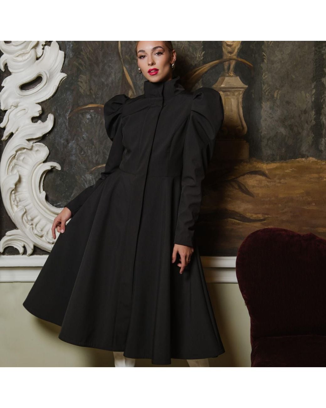 RainSisters Black Coat With Balloon-Styled Sleeves: Majestic Night