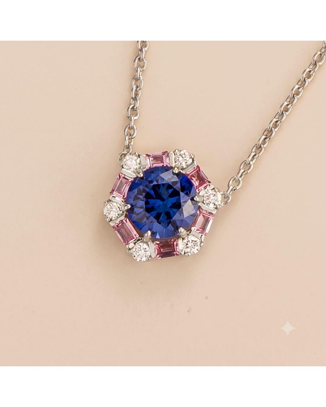 Juvetti Blue Melba Sapphire, Sapphire & Diamond Halo Hexagon Pendant Necklace