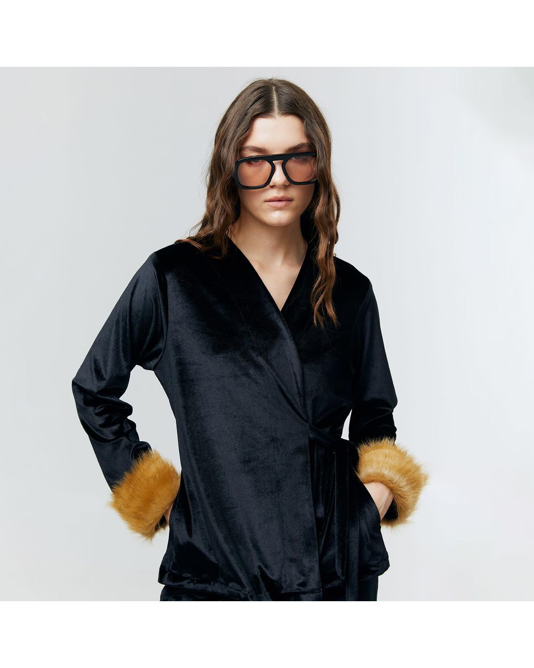 Ats the Label Black Aurielle Velvet Fur Cuff Top