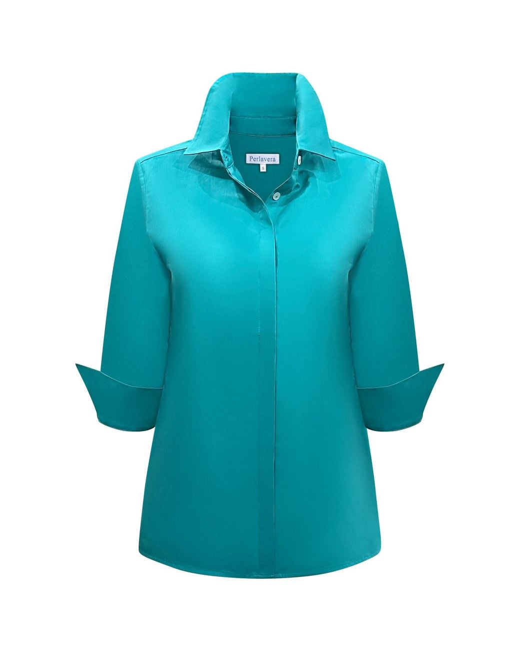Perlavera Blue Cox Petrol Solid Cotton Satin Three Quarter Sleeve Length Slim Fit Shirt