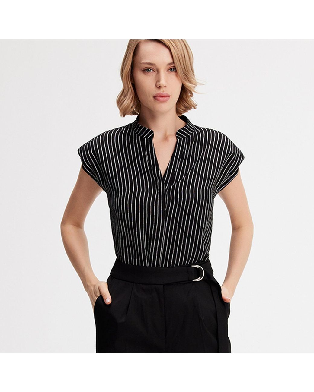 Smart and Joy Black Bi-Material Striped Shirt