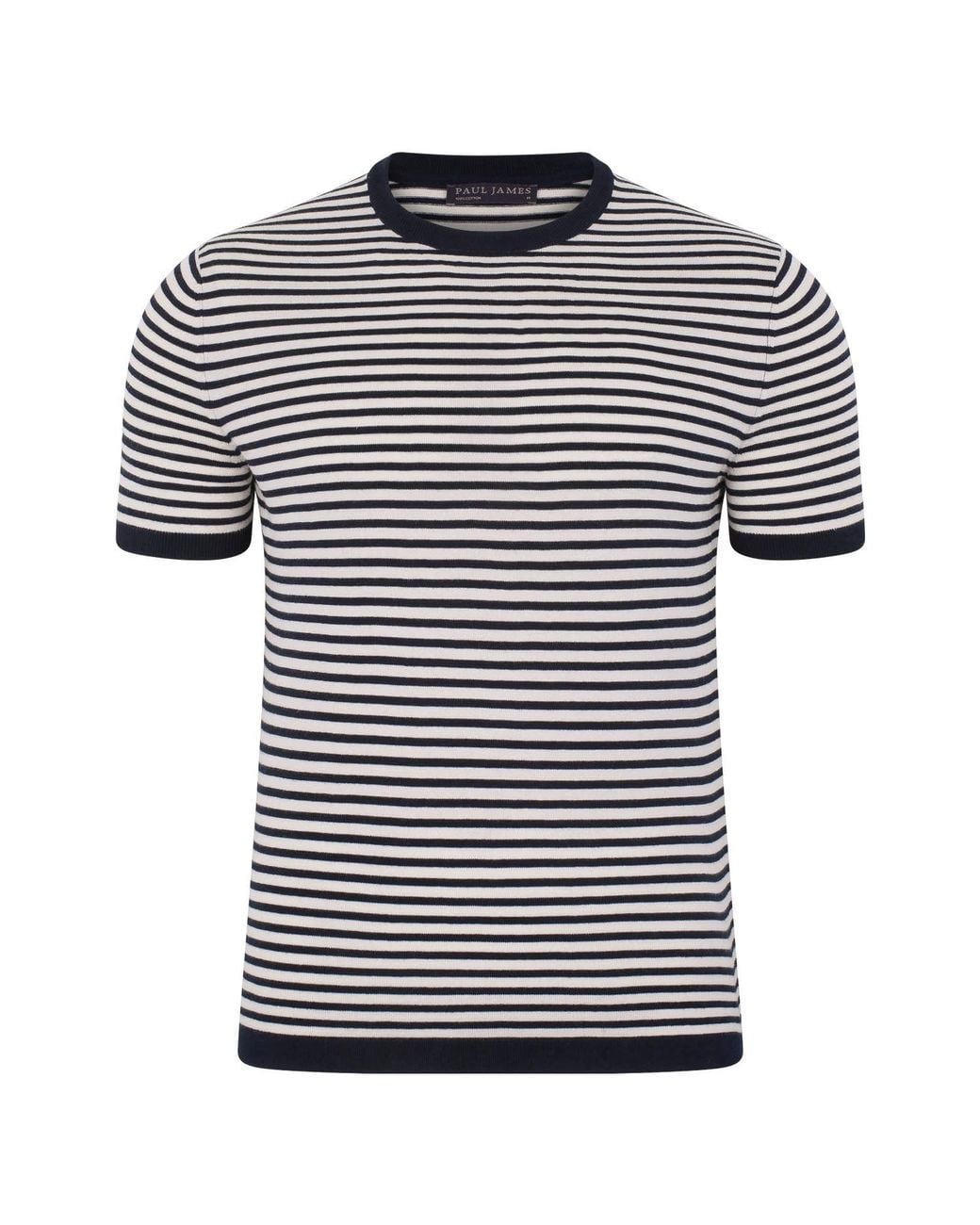 Paul James Knitwear Black Ultra Fine Cotton Antonio Knitted Narrow Breton Stripe T-Shirt for men