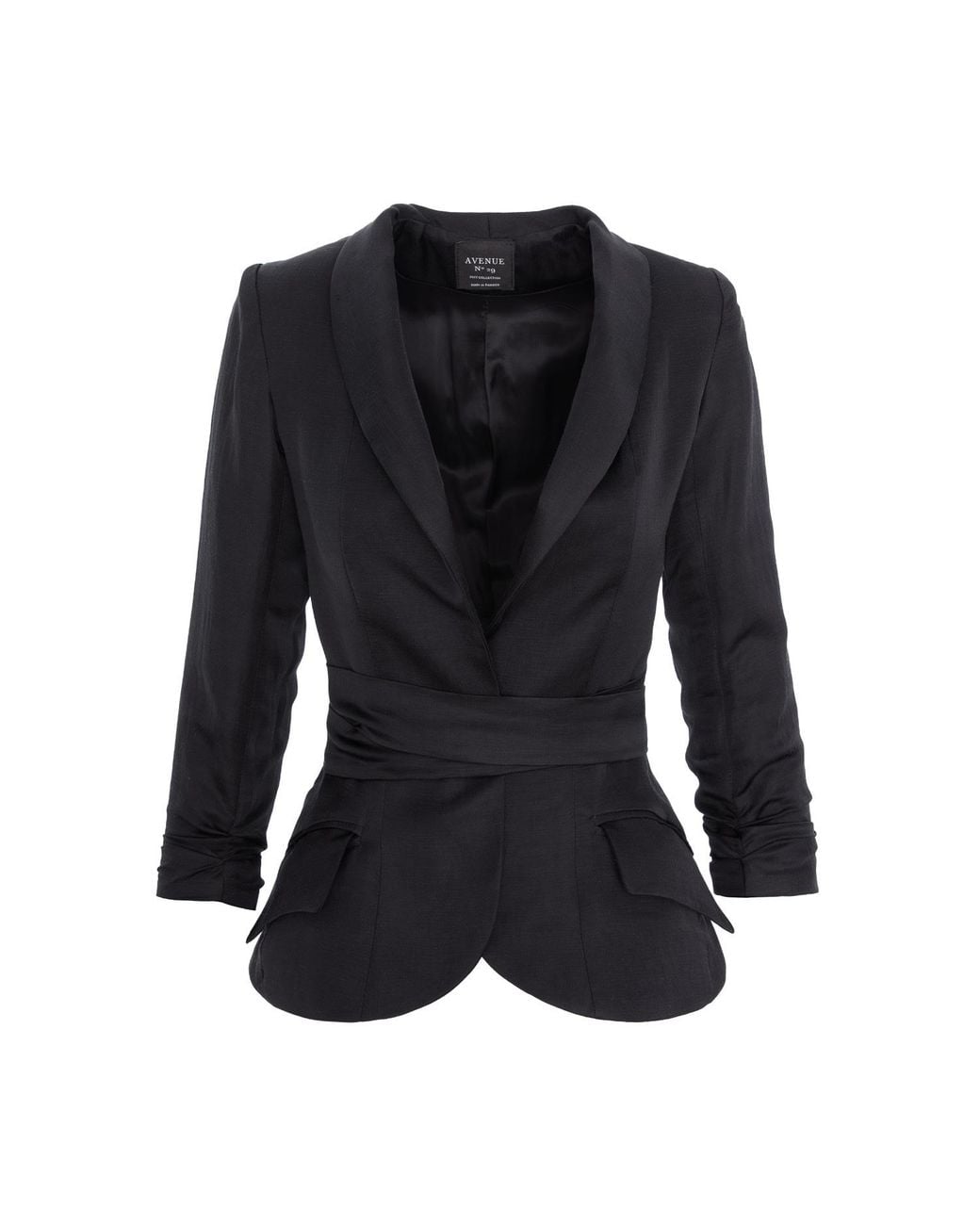 AVENUE No.29 Black Rayon And Linen Structured Blazer With Belt