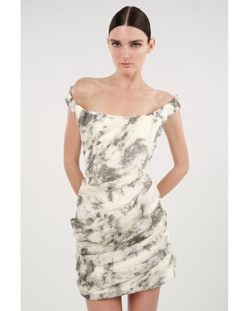 Nocturne Gray Abstract Print Off-Shoulder Ruched Mini Dress