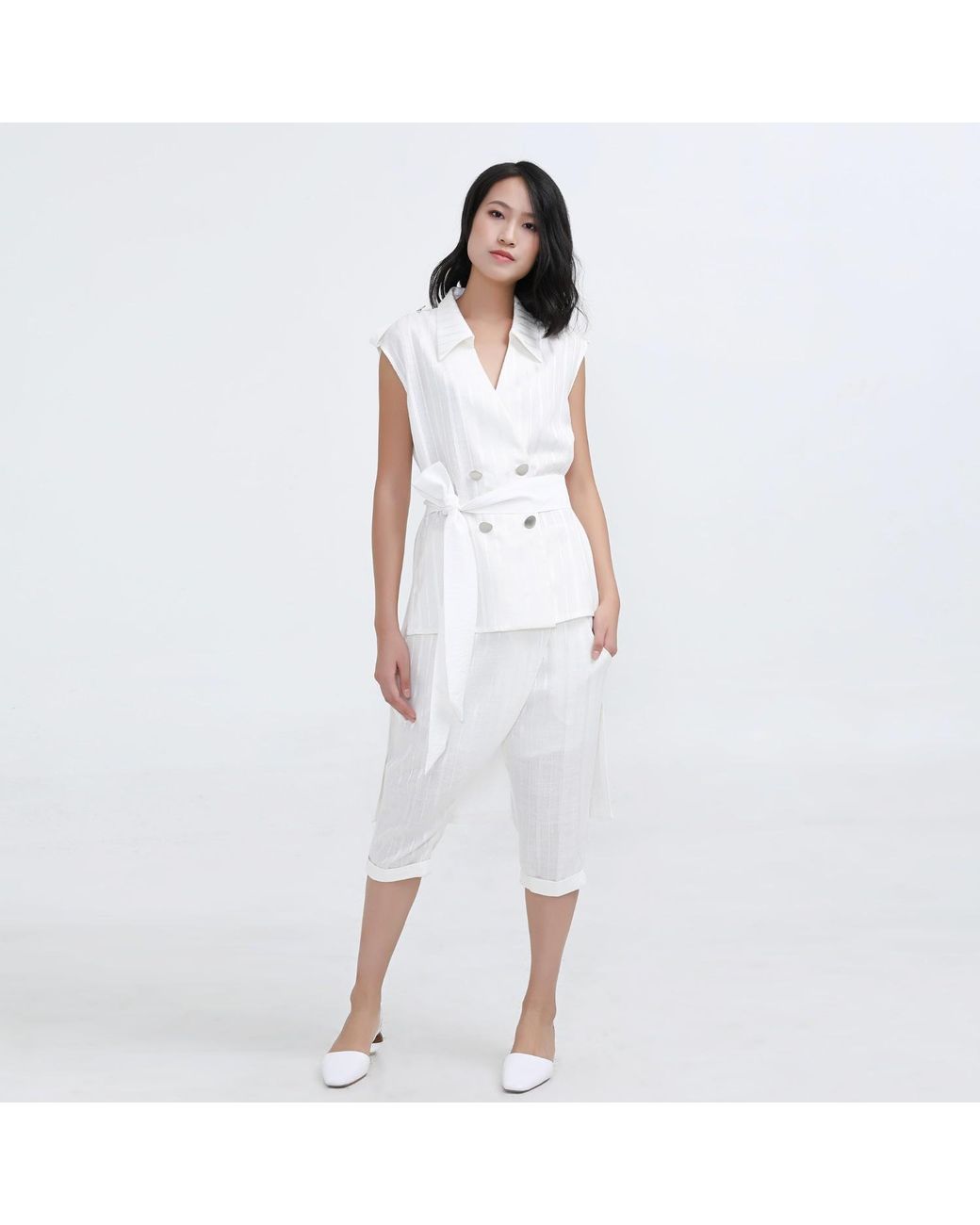 Smart and Joy White Long Bi-Material Tailored Waistcoat