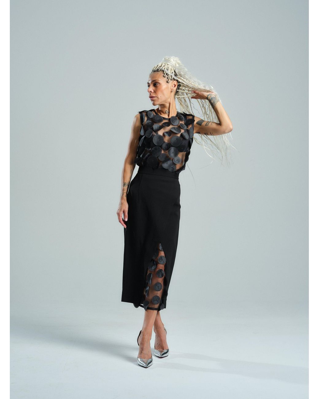 Clothes by Locker Room Black Appliqué-Detailed Mesh Top & Pencil Skirt Co-Ord Set