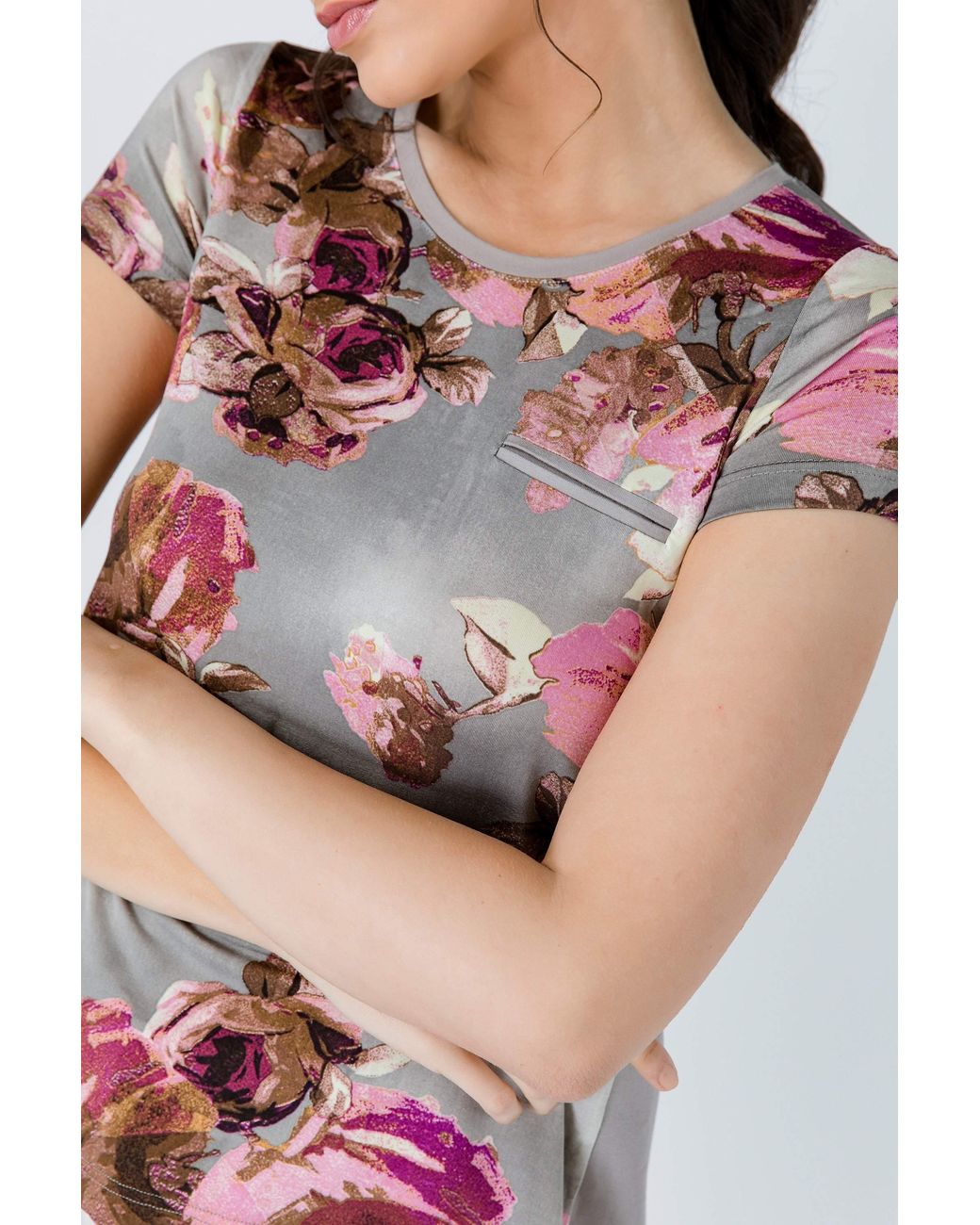 Conquista Brown Short Sleeve Floral Top