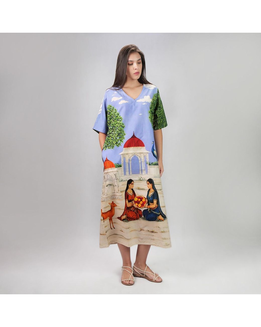 DHARA SHETH DUBAI Blue Saanjh Heritage Art Print Kaftan Maxi Dress