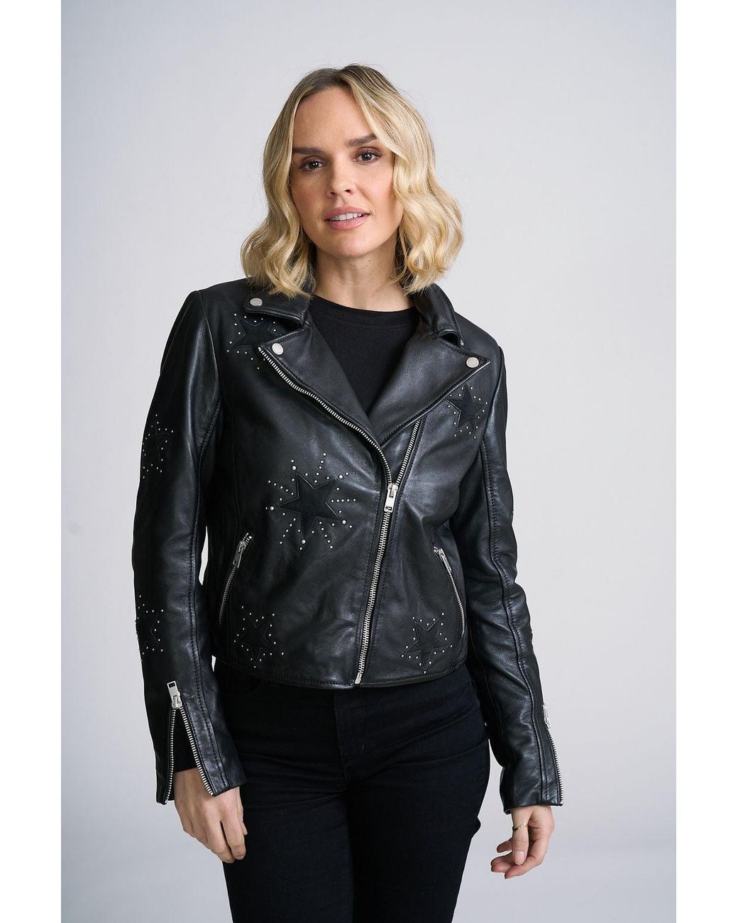 Mauritius Black Leather Moto Jacket With Star Appliqués & Studs Soraya