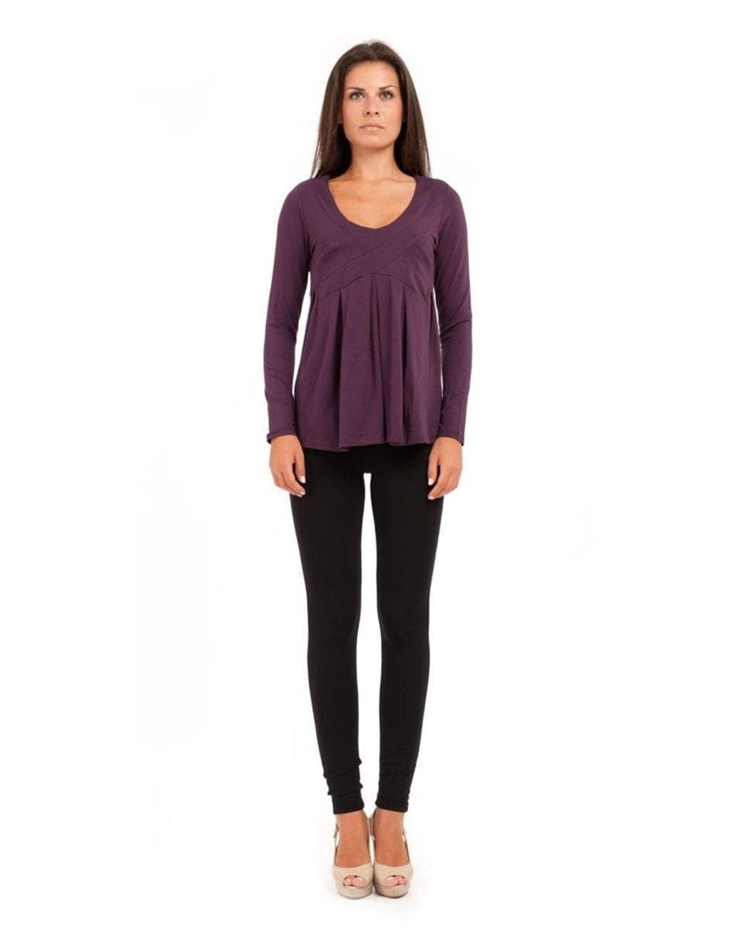 Conquista Purple V Neck Stretch Jersey Empire Line Top With Pleat Detail