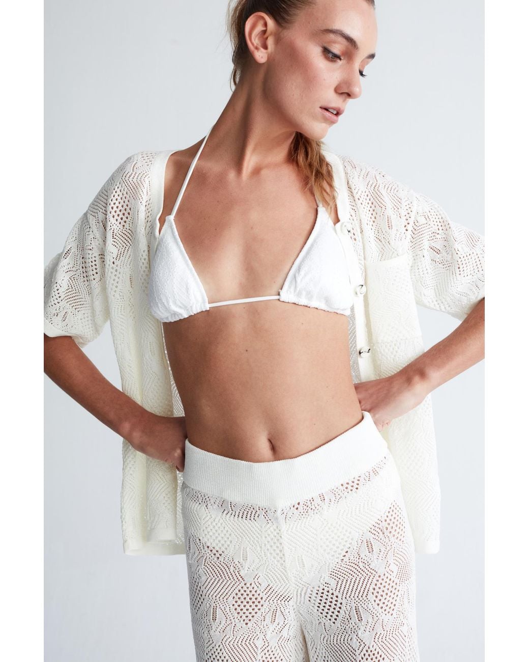 Peraluna White Emma Lace Knit Flared Trouser