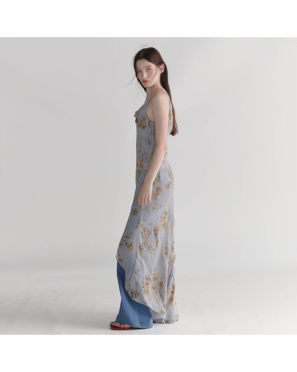 Belsize25 Gray Dahlia Series – Celeste Floral Mulberry Silk Asymmetric Cowl-Neck Long Camisole