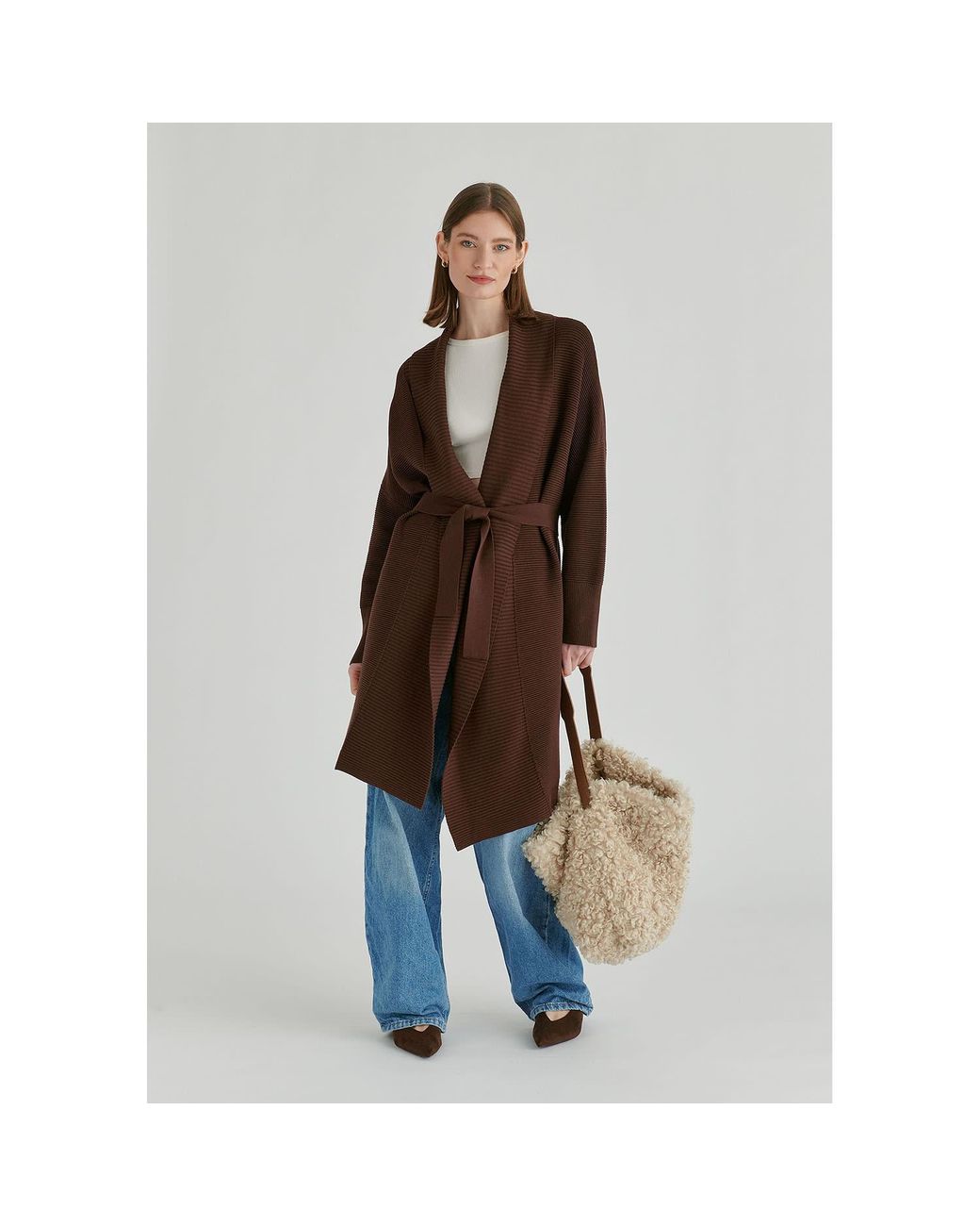 Paisie Brown Draped Collar Ribbed Cardigan
