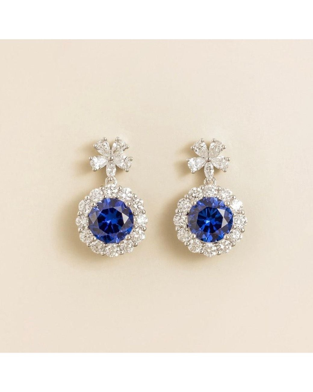 Juvetti Blue Round Sapphire Halo Pendant Earrings With Flower Bail