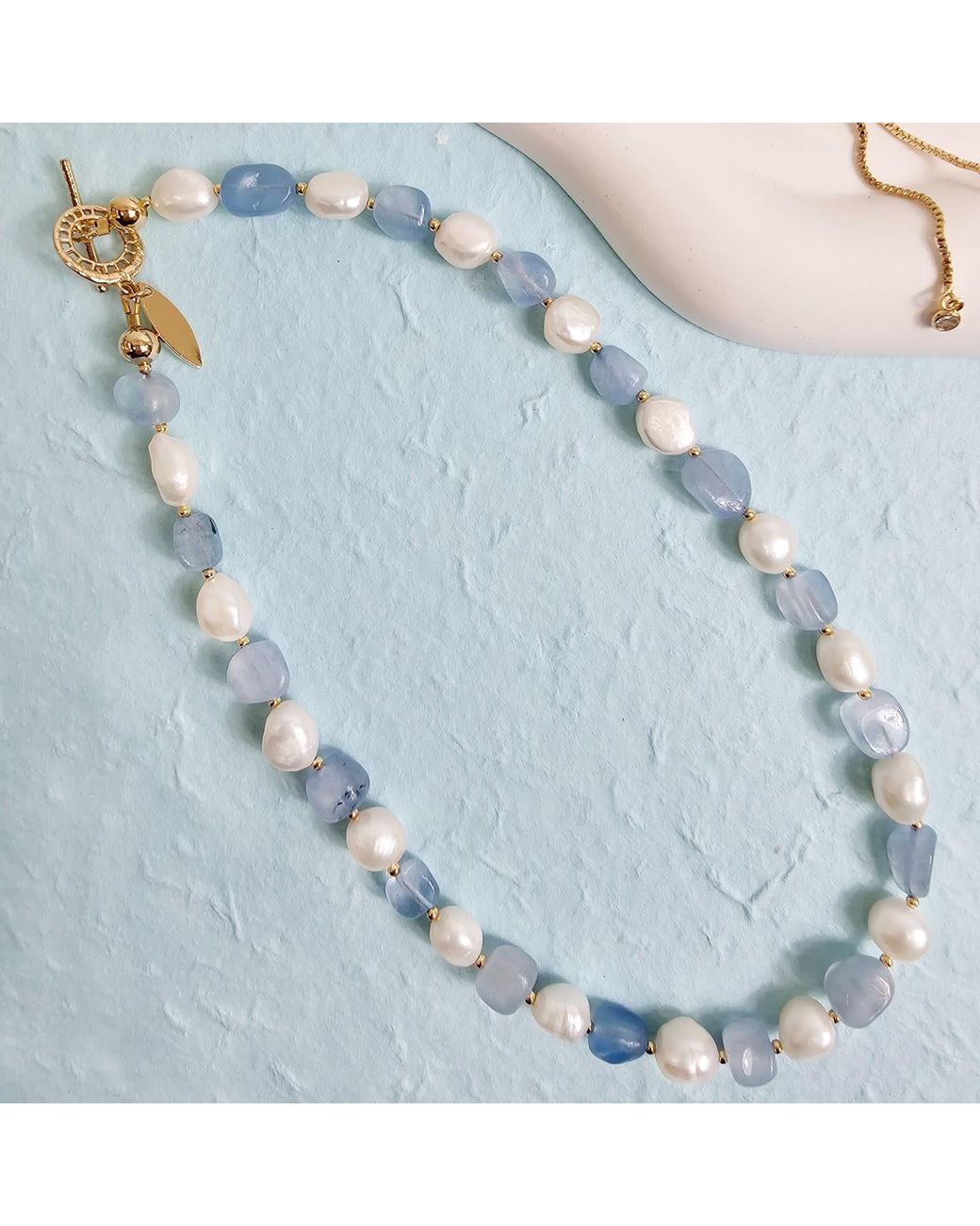 Farra Blue Free Style Irregular Freshwater Pearls With Aquamarine Short Necklace