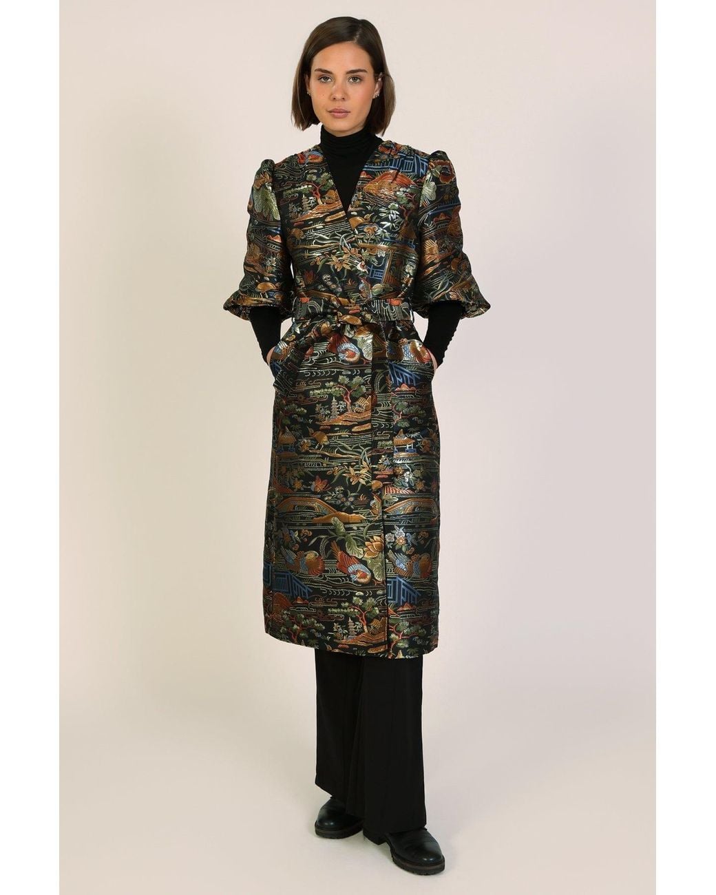 Traffic People Green Farewell Fools Multicolour Embroidered Duster Wrap Coat